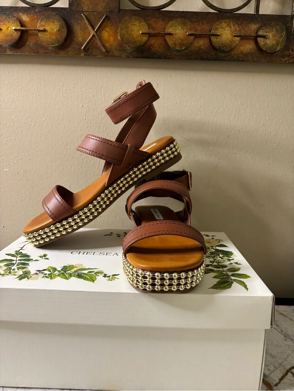 Chelsea & Violet Chestnut Brown Beaded Platform Sandals